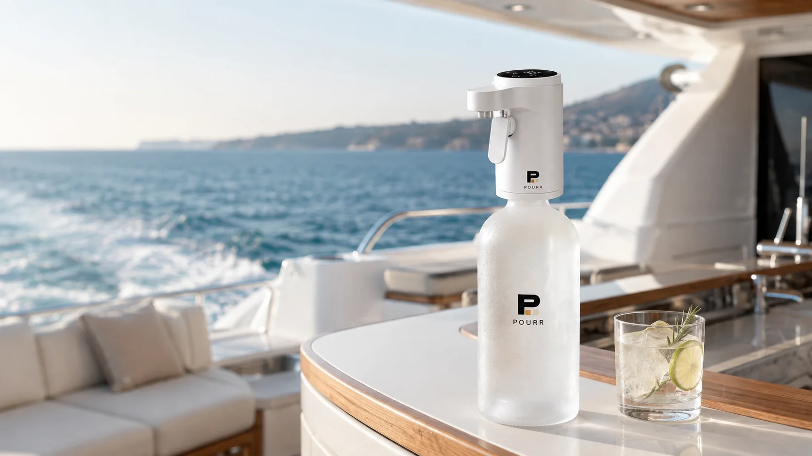 POURR dispenser and bottle set for service aboard a yacht